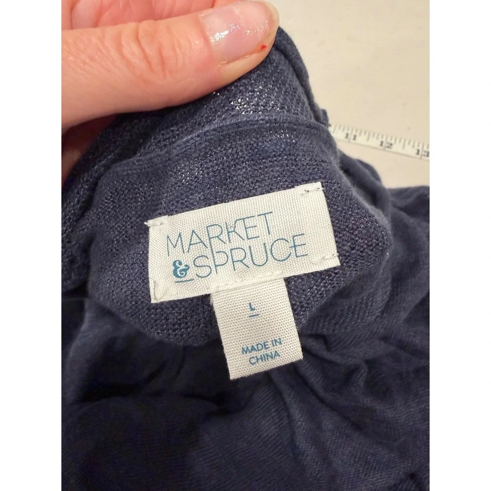 Market & Spruce Sweater Womens L Blue Linen Blend V-Neck Coastal‎ Resort